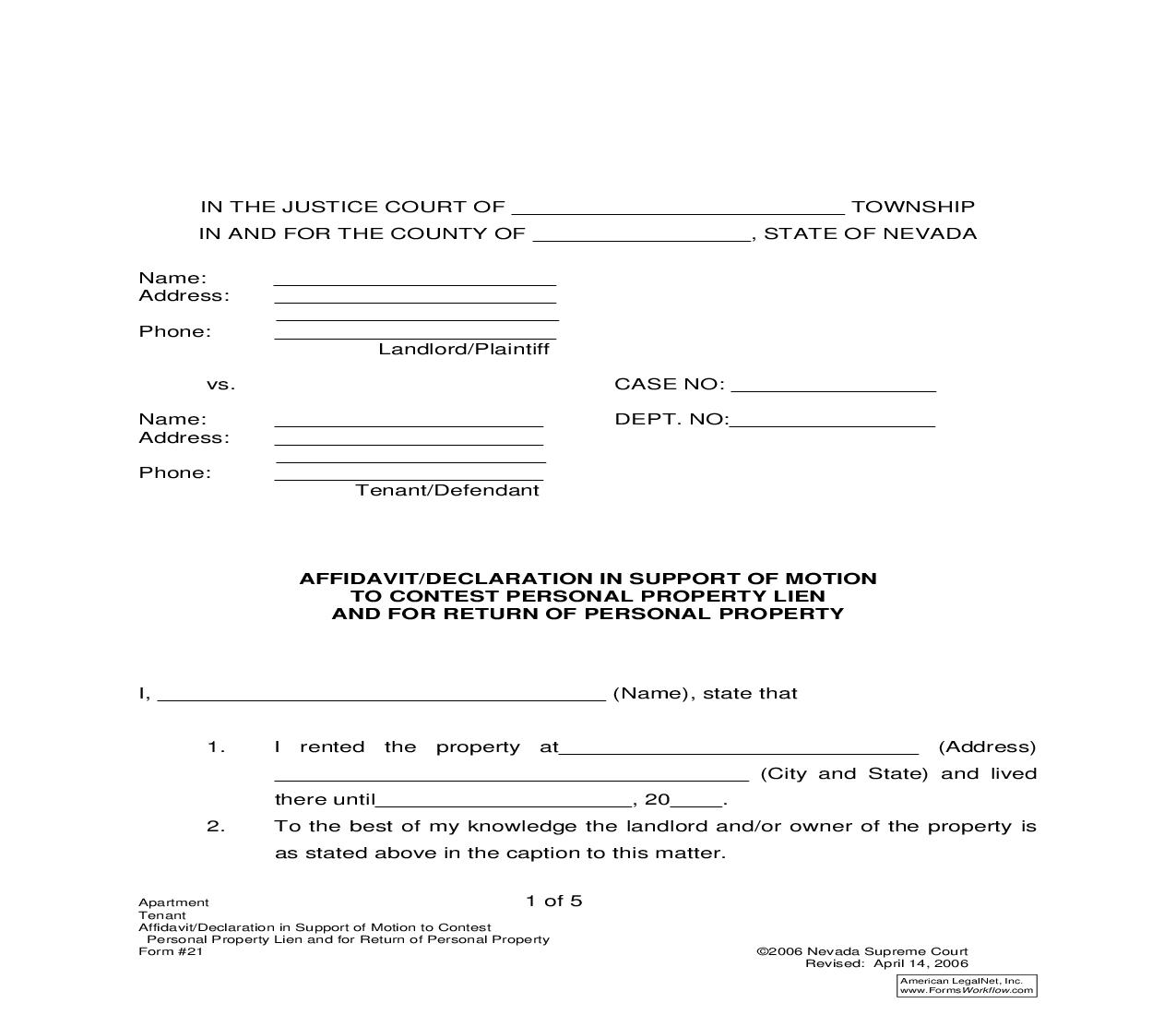 Affidavit Or Declaration In Suport Of Motion To Contest Personal Property Lien And For Return Of Personal Property {21} | Pdf Fpdf Doc Docx | Nevada