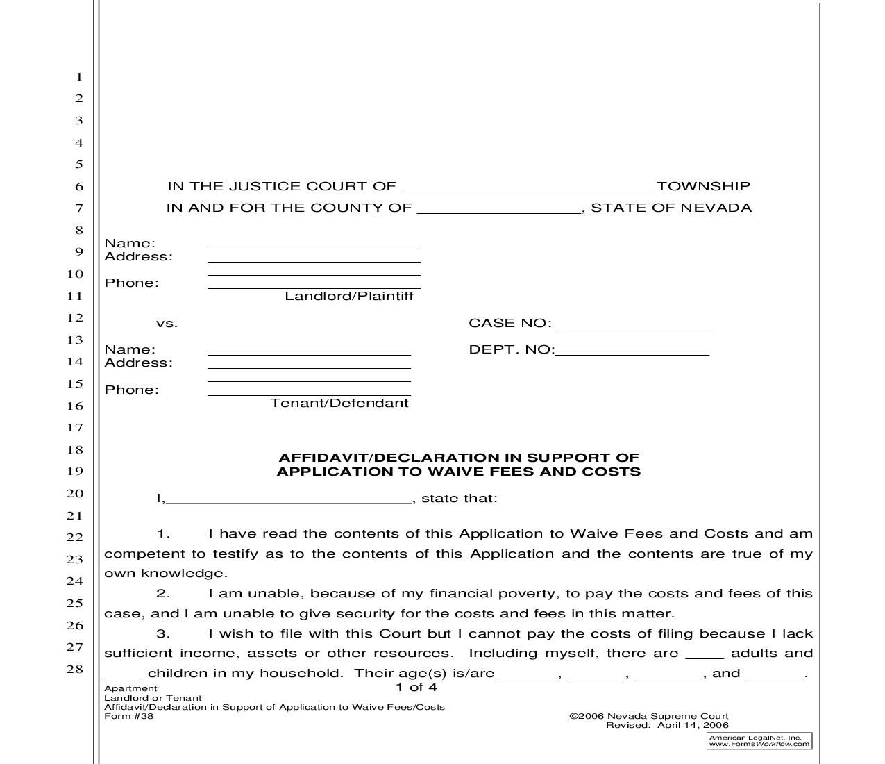 Affidavit Or Declaration In Support Of Application To Waive Fees And Costs {38} | Pdf Fpdf Doc Docx | Nevada