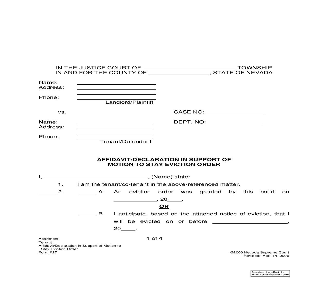 Affidavit Or Declaration In Support Of Motion To Stay Eviction Order {27} | Pdf Fpdf Doc Docx | Nevada