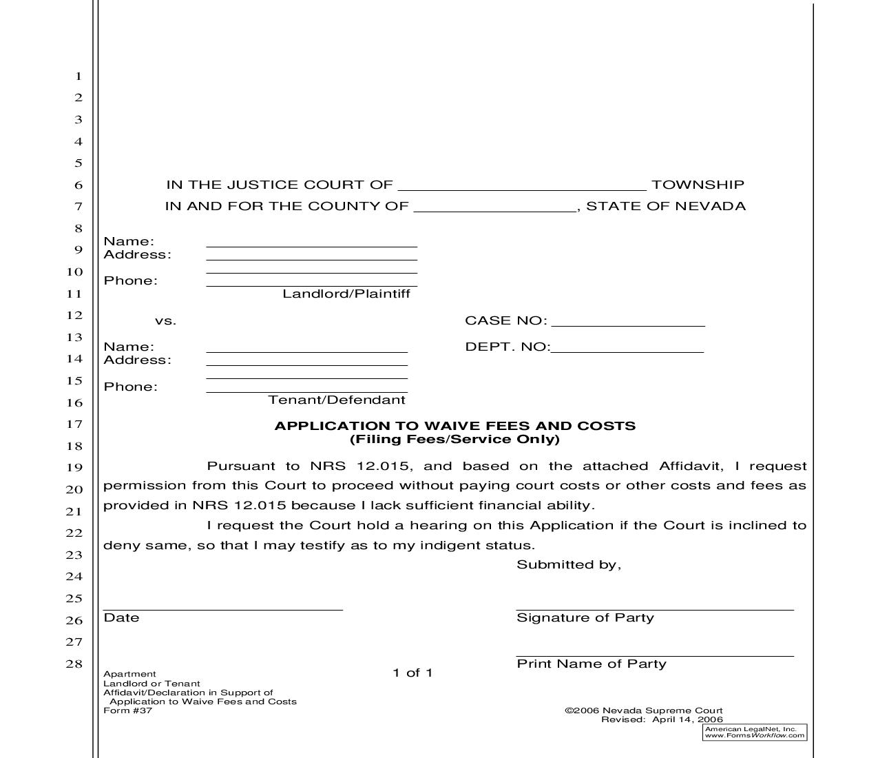 Application To Waive Fees And Costs (Filing Fees Or Service Only) {37} | Pdf Fpdf Doc Docx | Nevada