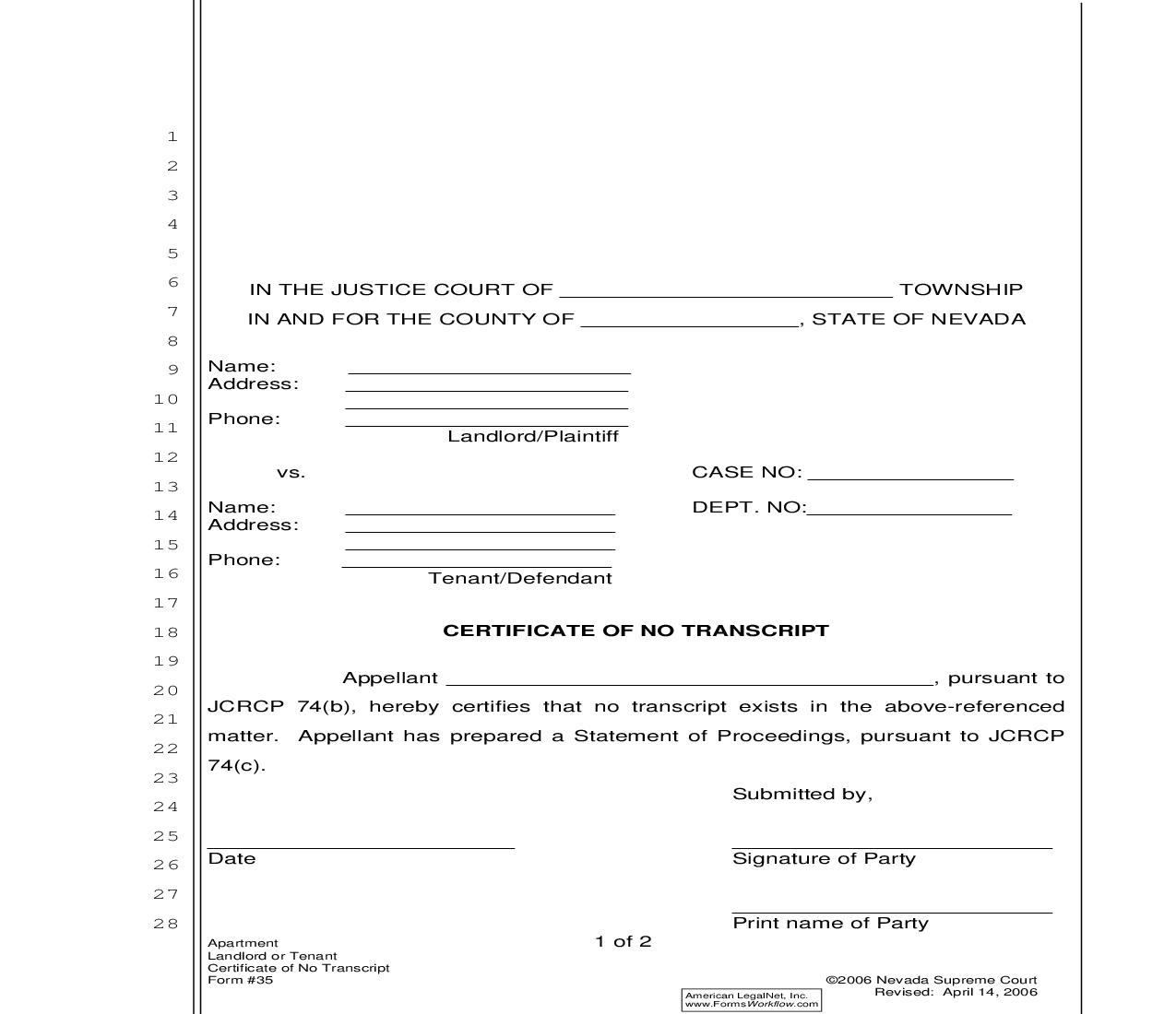 Certificate Of No Transcript {35} | Pdf Fpdf Doc Docx | Nevada