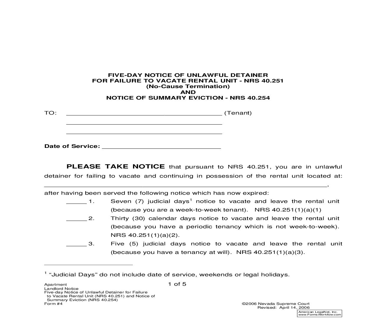 Five-Day Notice Of Unlawful Detainer For Failure To Vacate Rental Unit Pursuant To NRS 40.251 (No-Cause Termination) And 40.254 {4} | Pdf Fpdf Doc Docx | Nevada