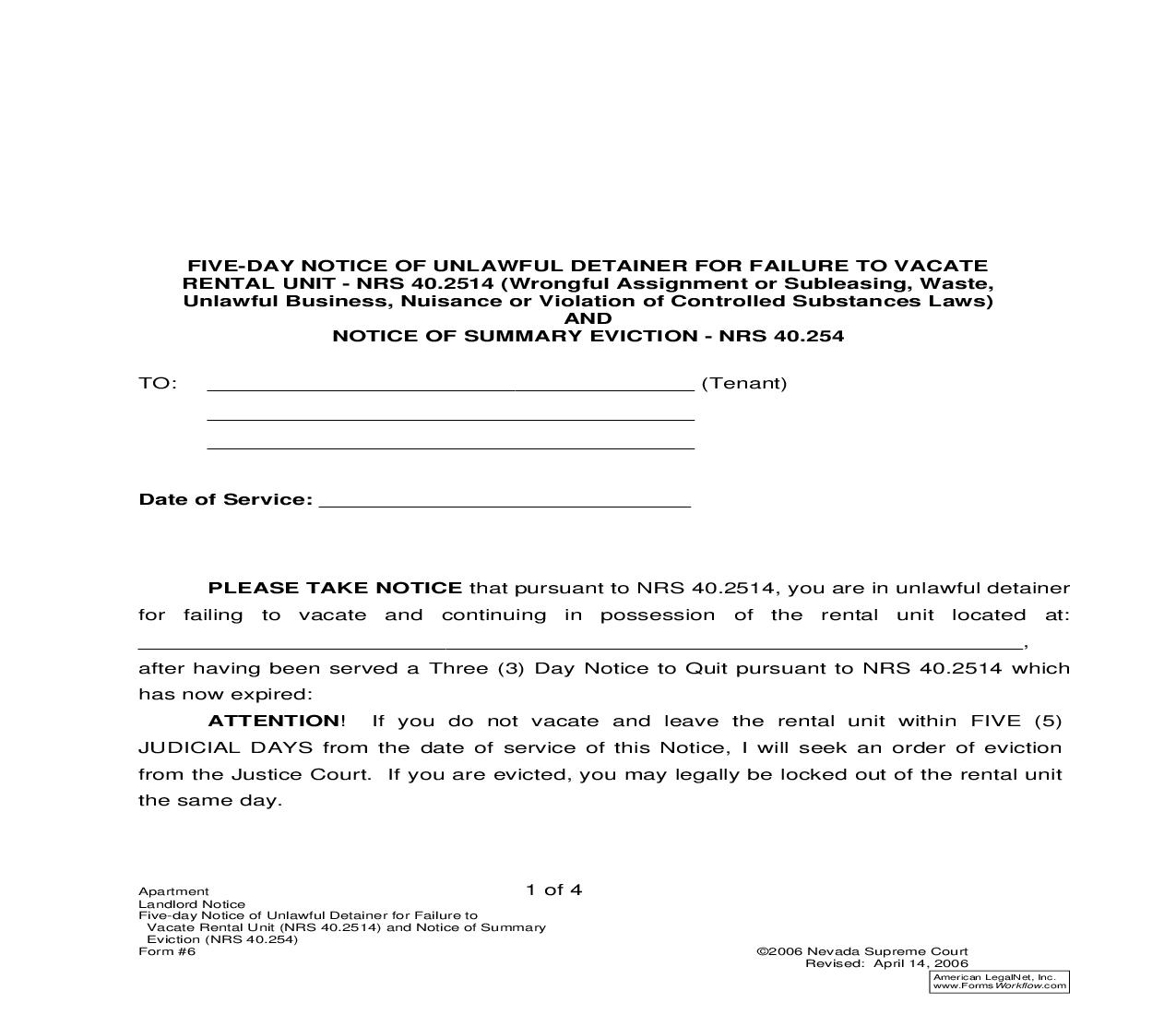 Five-Day Notice Of Unlawful Detainer For Failure To Vacate Rental Unit Pursuant To NRS 40.2514 (Wrongful Assignment) And 40.254 {6} | Pdf Fpdf Doc Docx | Nevada