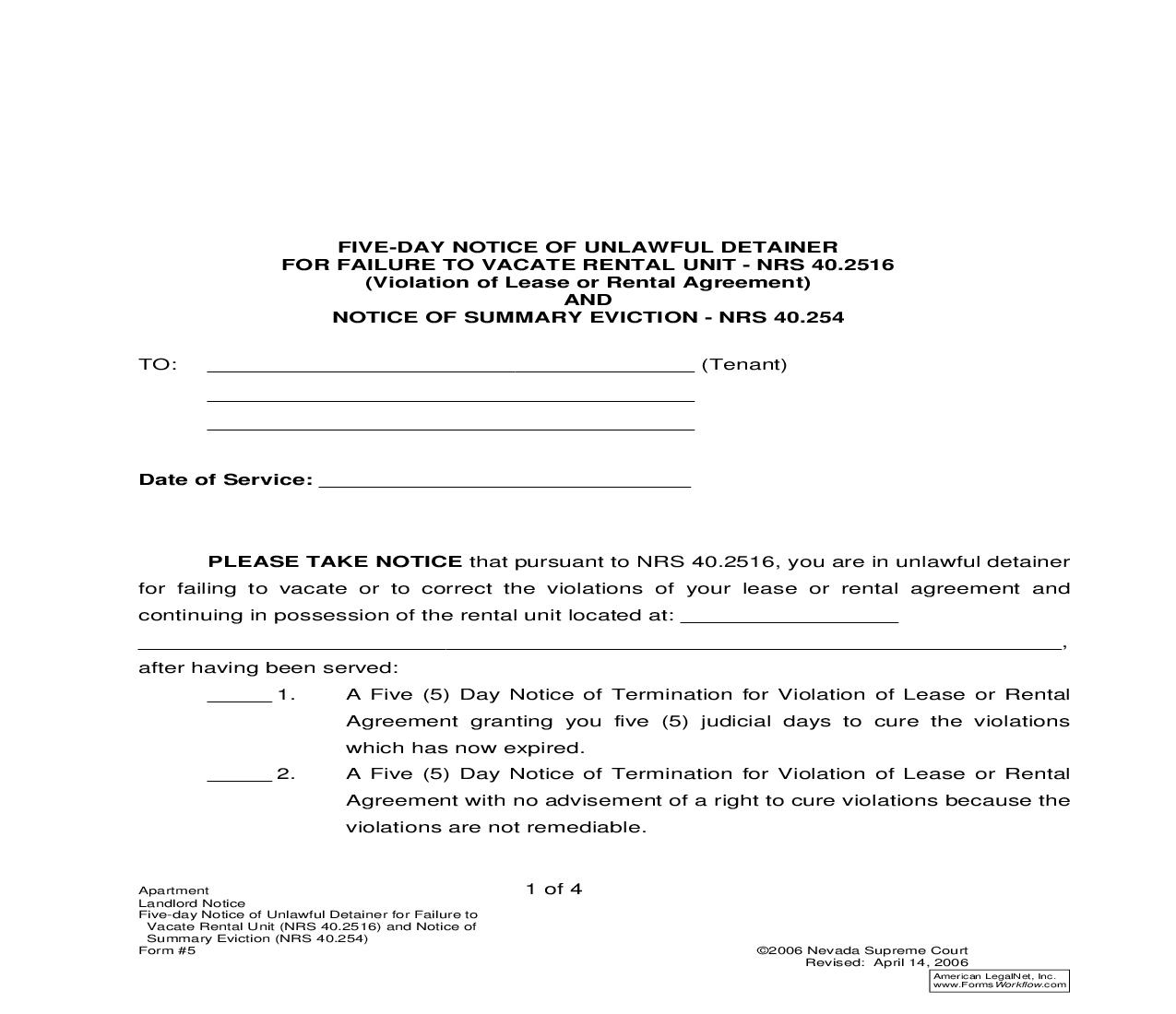 Five-Day Notice Of Unlawful Detainer For Failure To Vacate Rental Unit Pursuant To NRS 40.2516 (Violation Of Agreement) And 40.254 {5} | Pdf Fpdf Doc Docx | Nevada