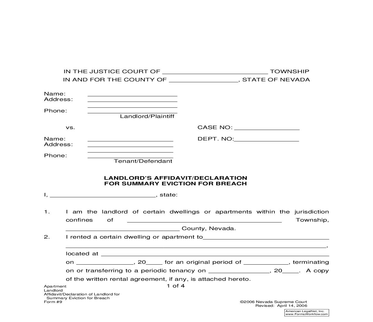 Landlords Affidavit Or Declaration For Summary Eviction For Breach {9} | Pdf Fpdf Doc Docx | Nevada