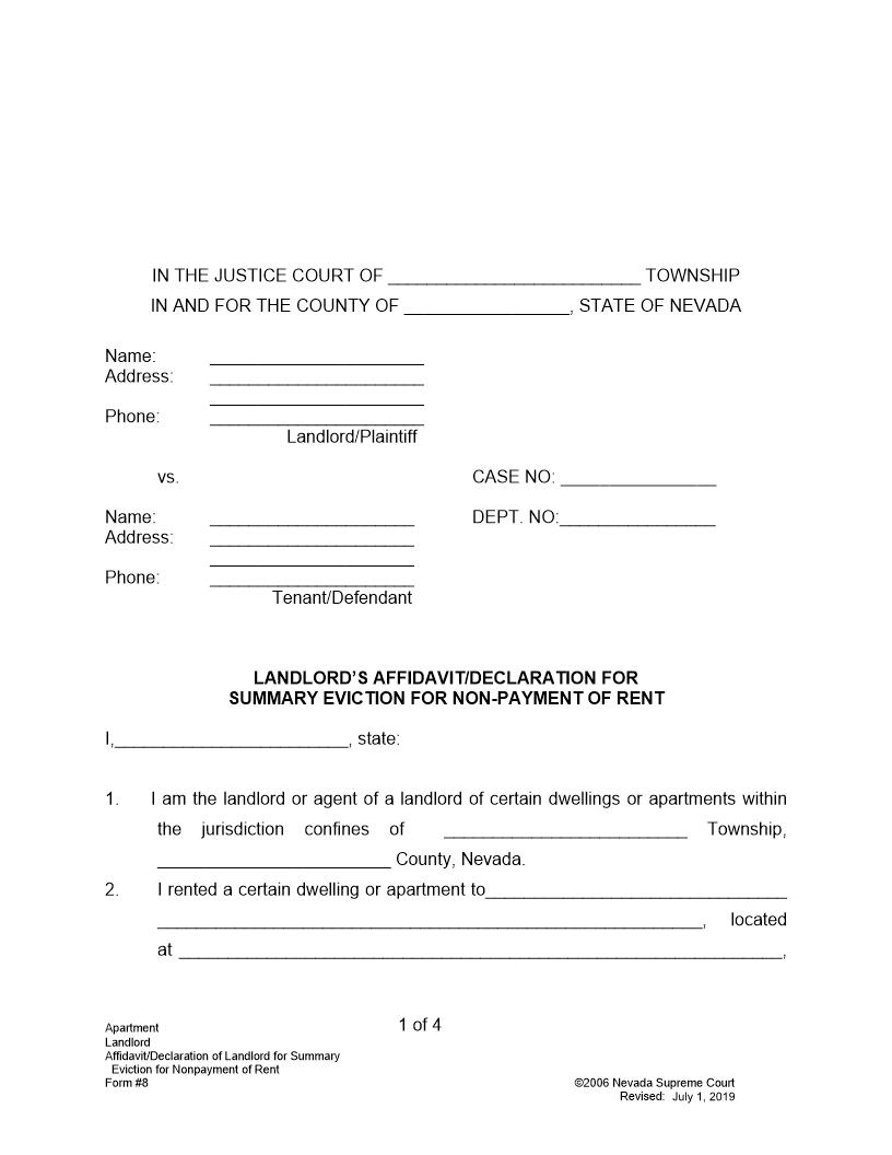 Landlords Affidavit Or Declaration For Summary Eviction For Non-Payment Of Rent {8} | Pdf Fpdf Doc Docx | Nevada