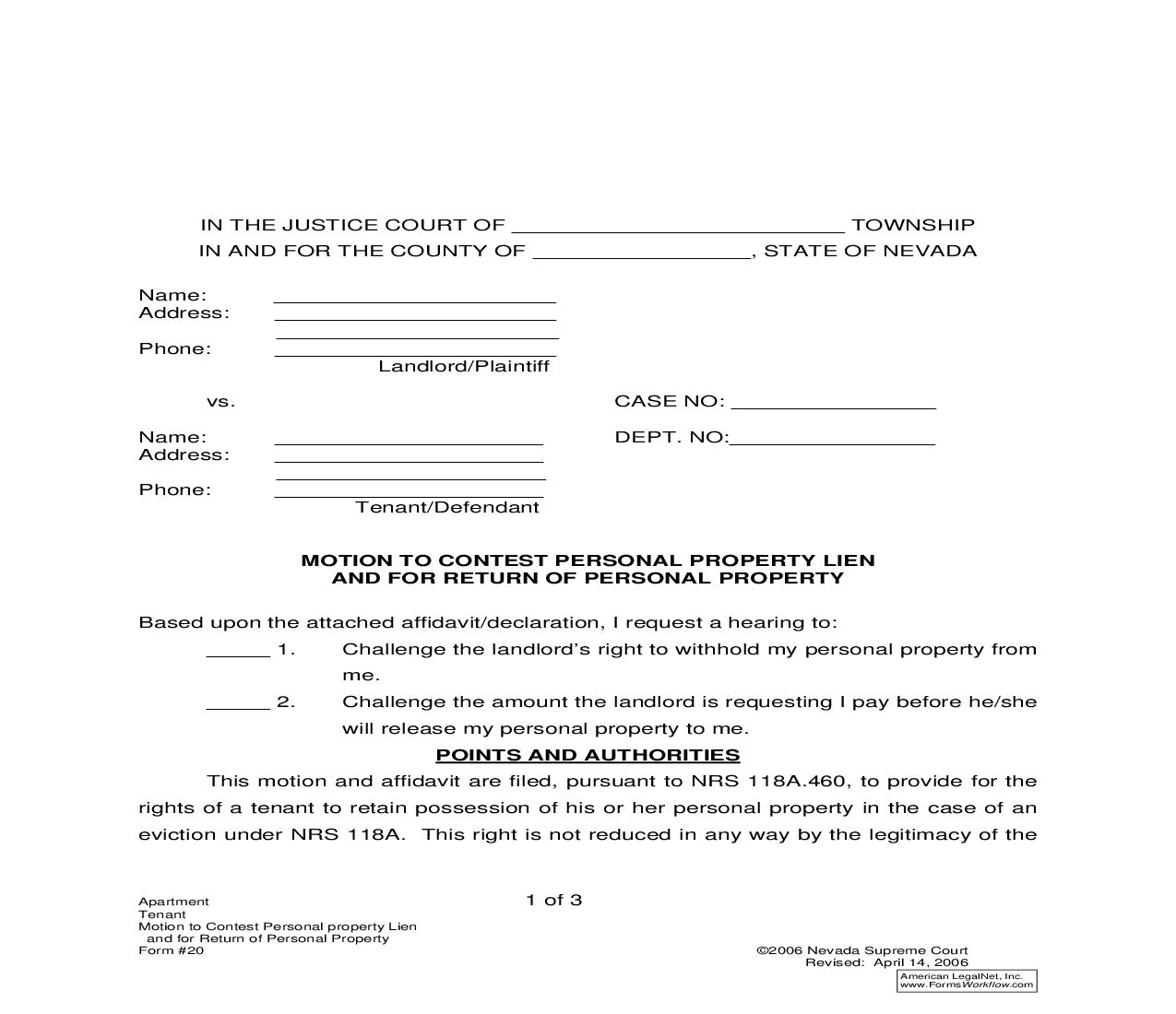 Motion To Contest Personal Property Lien And For Return Of Personal Property {20} | Pdf Fpdf Doc Docx | Nevada