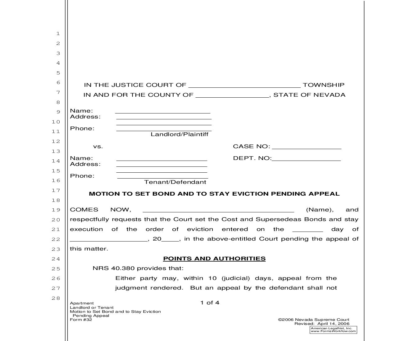 Motion To Set Bond And To Stay Eviction Pending Appeal {32} | Pdf Fpdf Doc Docx | Nevada
