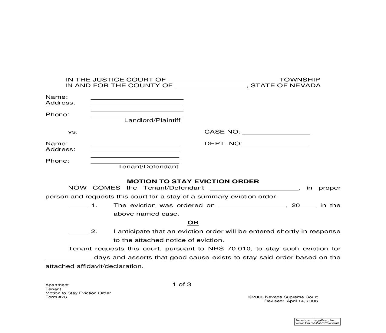 Motion To Stay Eviction Order {26} | Pdf Fpdf Doc Docx | Nevada