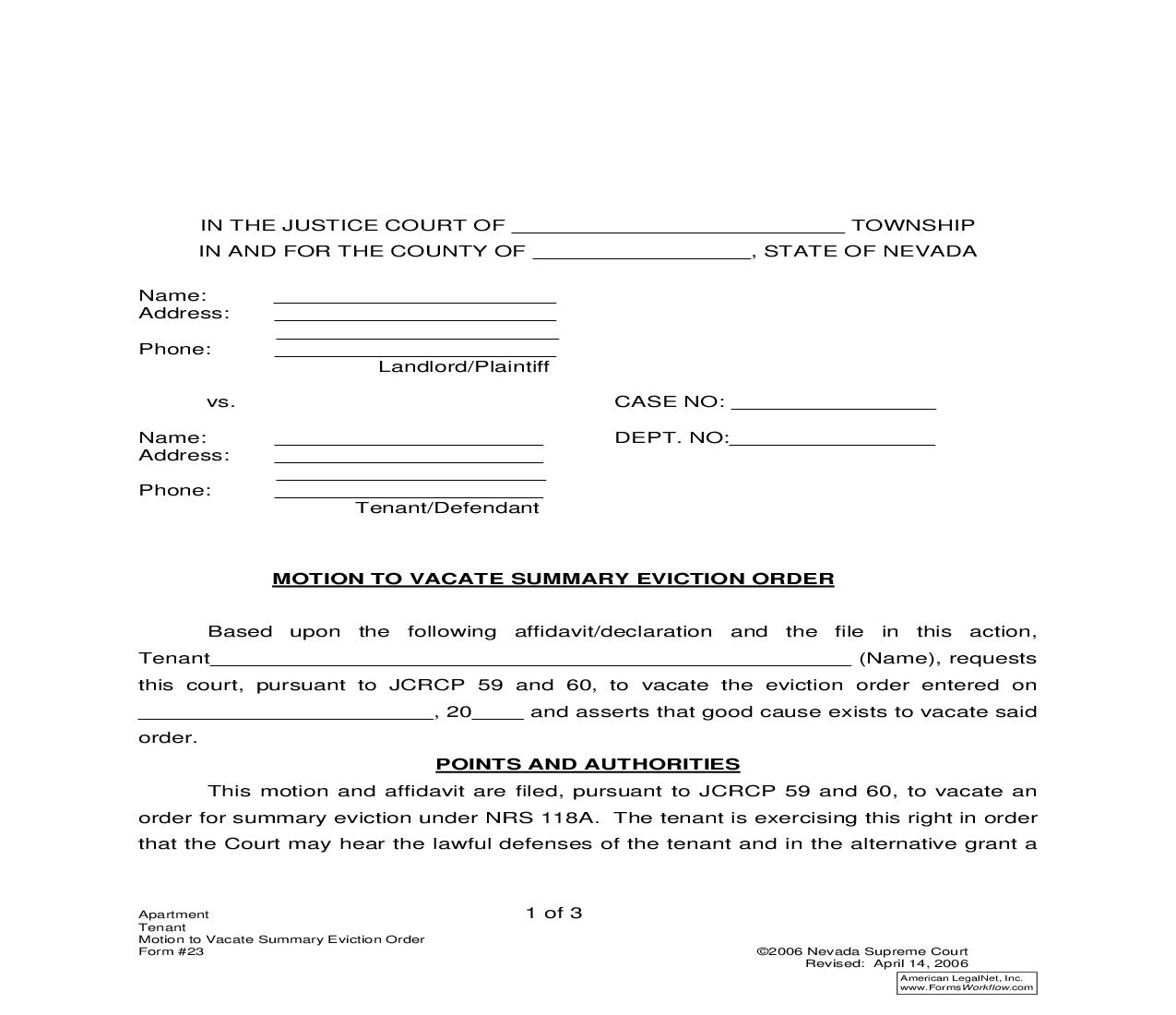 Motion To Vacate Summary Eviction Order {23} | Pdf Fpdf Doc Docx | Nevada