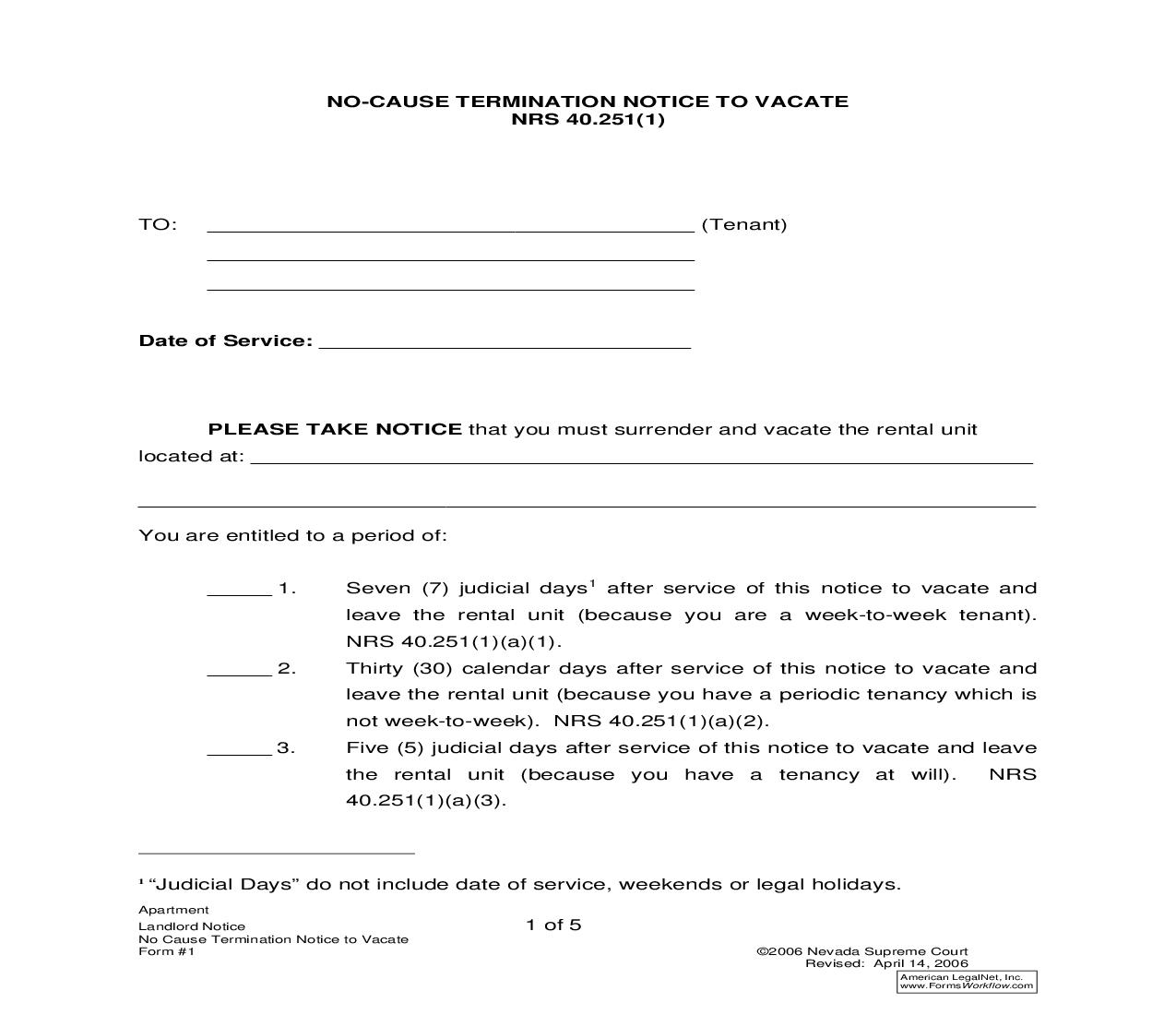 No-Cause Termination Notice To Vacate Pursuant To NRS 40.251(1) {1} | Pdf Fpdf Doc Docx | Nevada
