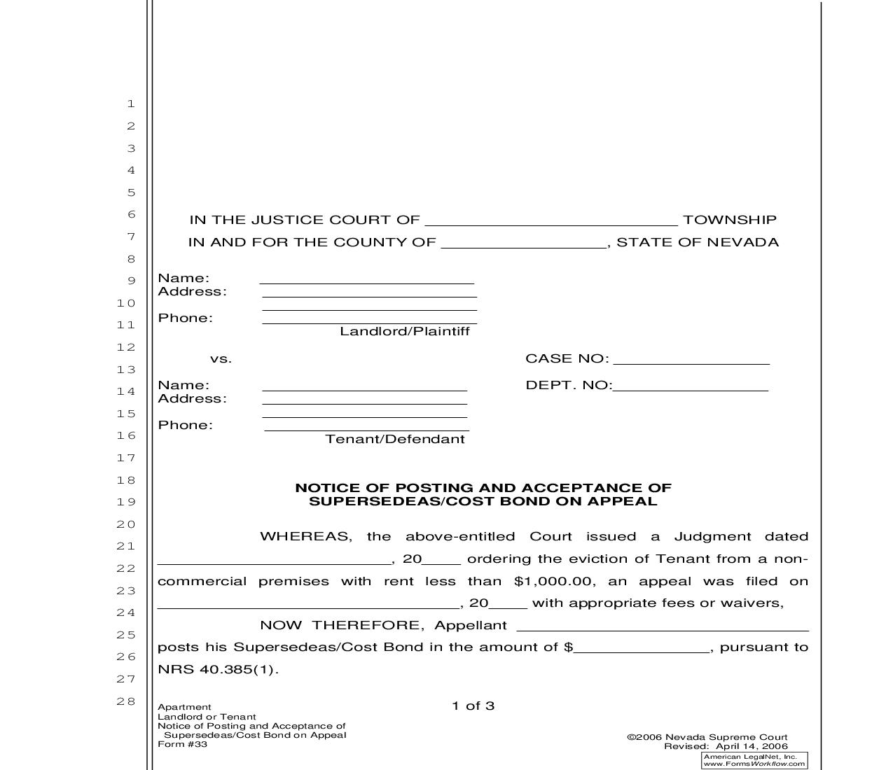 Notice Of Posting And Acceptance Of Supersedeas Or Cost Bond On Appeal {33} | Pdf Fpdf Doc Docx | Nevada