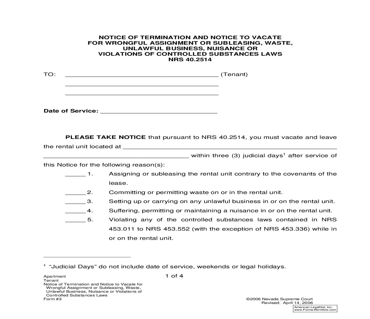 Notice Of Termination And Notice To Vacate For Wrongful Assignment Or Other Violations Pursuant To NRS 40.2514 {3} | Pdf Fpdf Doc Docx | Nevada