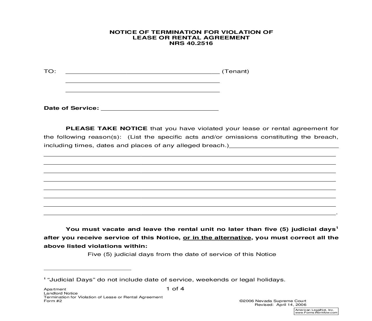 Notice Of Termination For Violation Of Lease Or Rental Agreement Pursuant To NRS 40.2516 {2} | Pdf Fpdf Doc Docx | Nevada