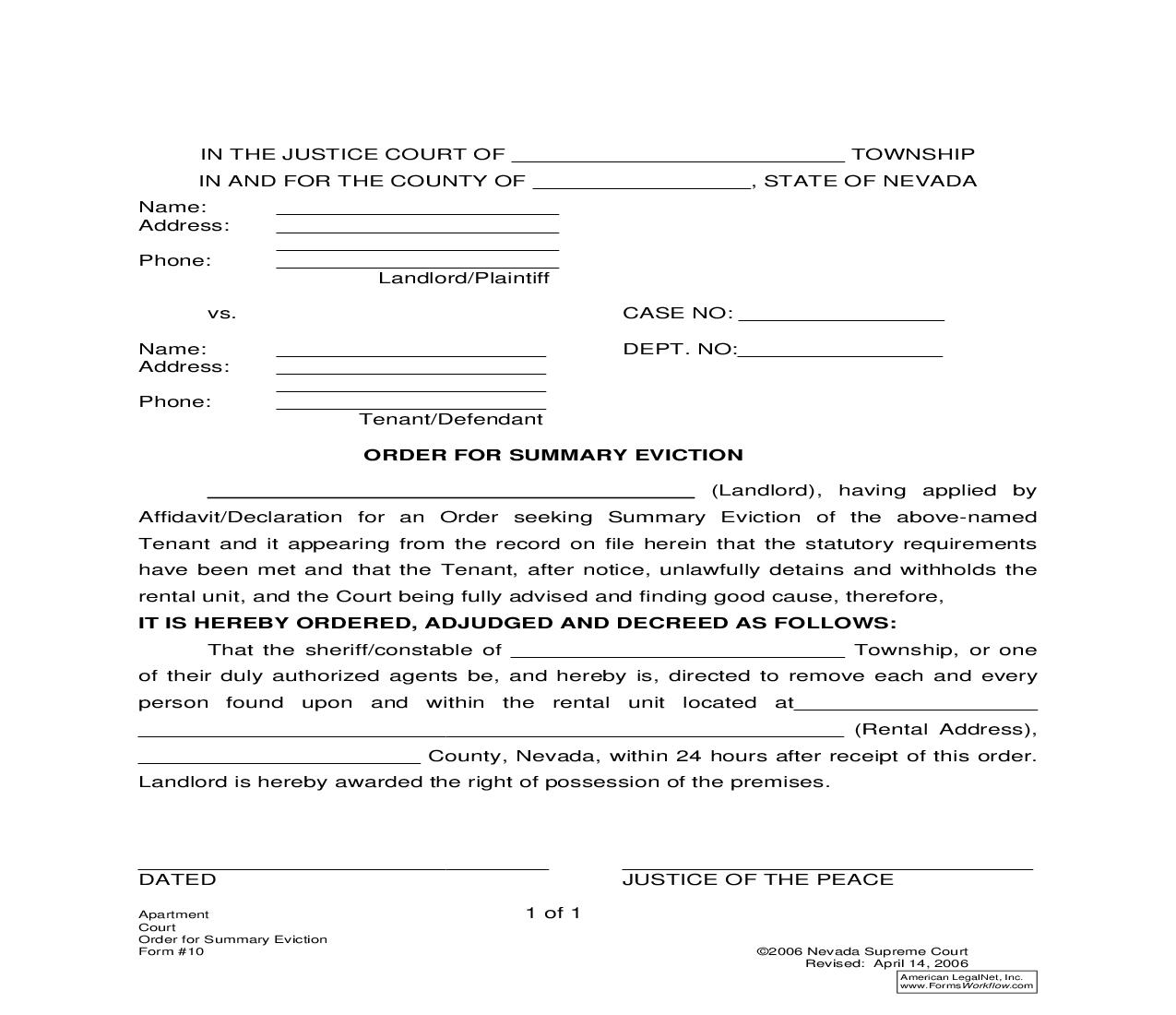 Order For Summary Eviction {10} | Pdf Fpdf Doc Docx | Nevada