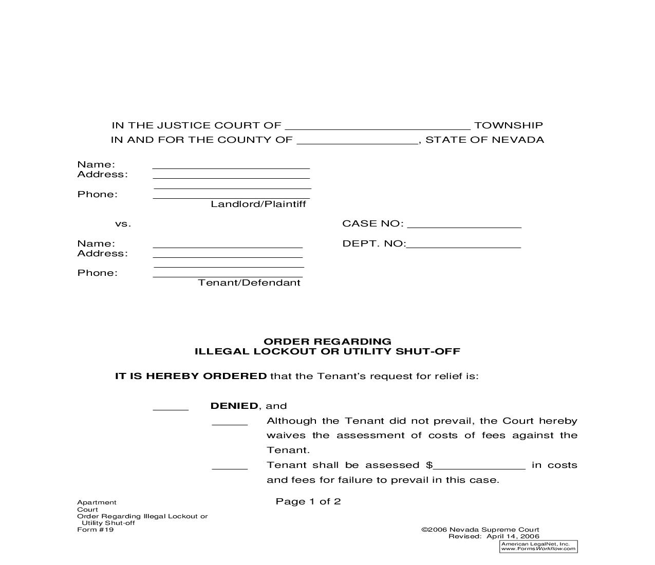 Order Regarding Illegal Lockout Or Utility Shut-Off {19} | Pdf Fpdf Doc Docx | Nevada