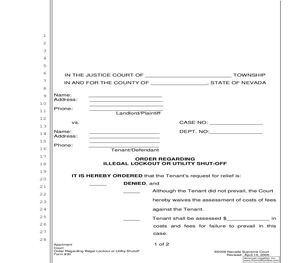 Order Regarding Illegal Lockout Or Utility Shut-Off - Pleading {30} | Pdf Fpdf Doc Docx | Nevada