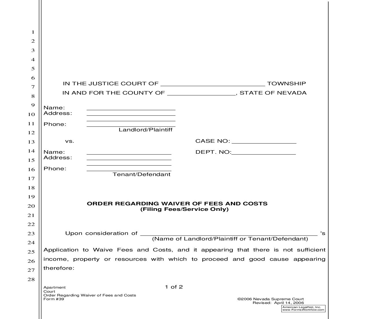 Order Regarding Waiver Of Fees And Costs (Filing Fees Or Services Only) {39} | Pdf Fpdf Doc Docx | Nevada