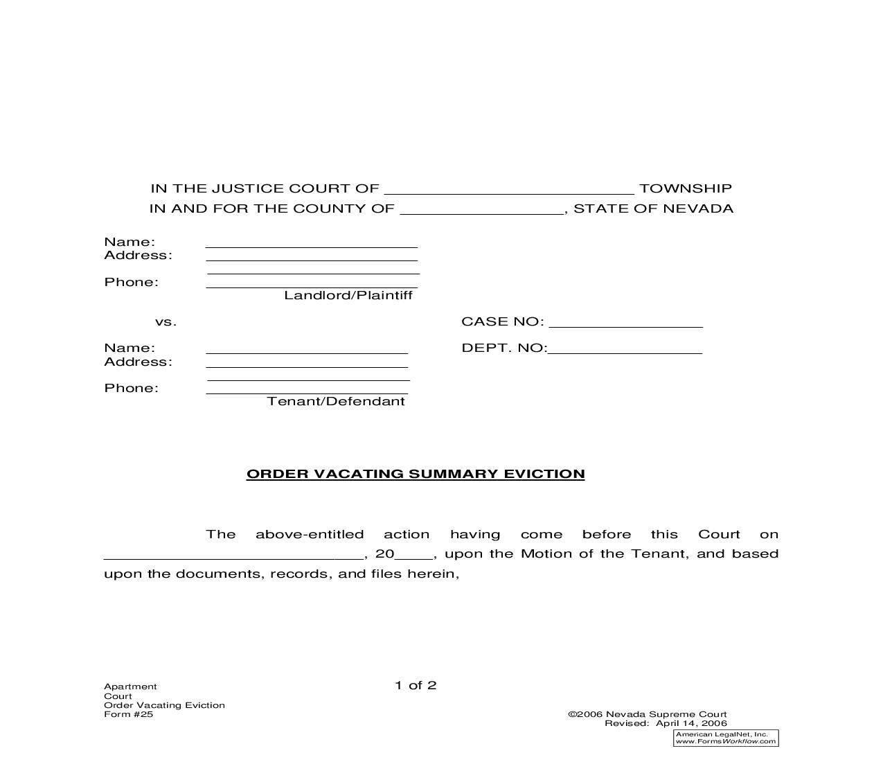 Order Vacating Summary Eviction {25} | Pdf Fpdf Doc Docx | Nevada
