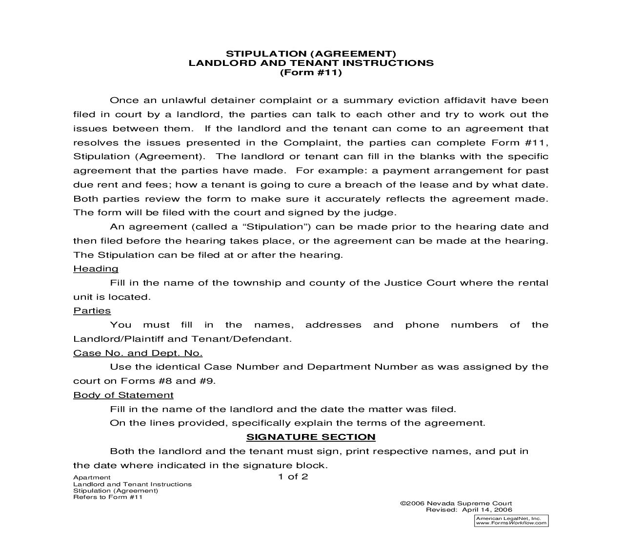 Stipulation (Agreement) With Instructions {11} | Pdf Fpdf Doc Docx | Nevada
