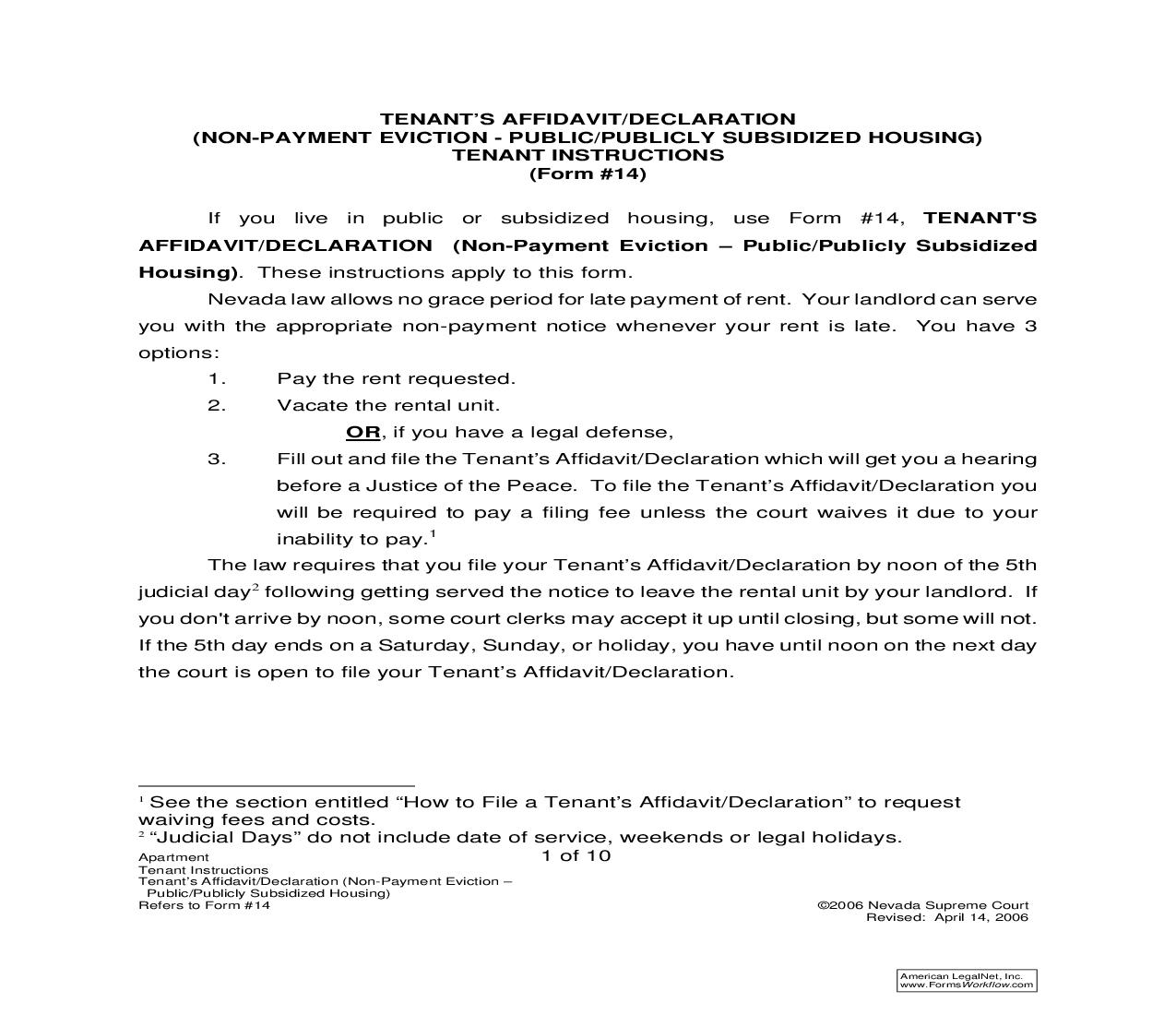 Tenants Affidavit Or Declaration (Non-Payment Eviction - Public Or Private Subsidized Housing) With Instructions {14} | Pdf Fpdf Doc Docx | Nevada