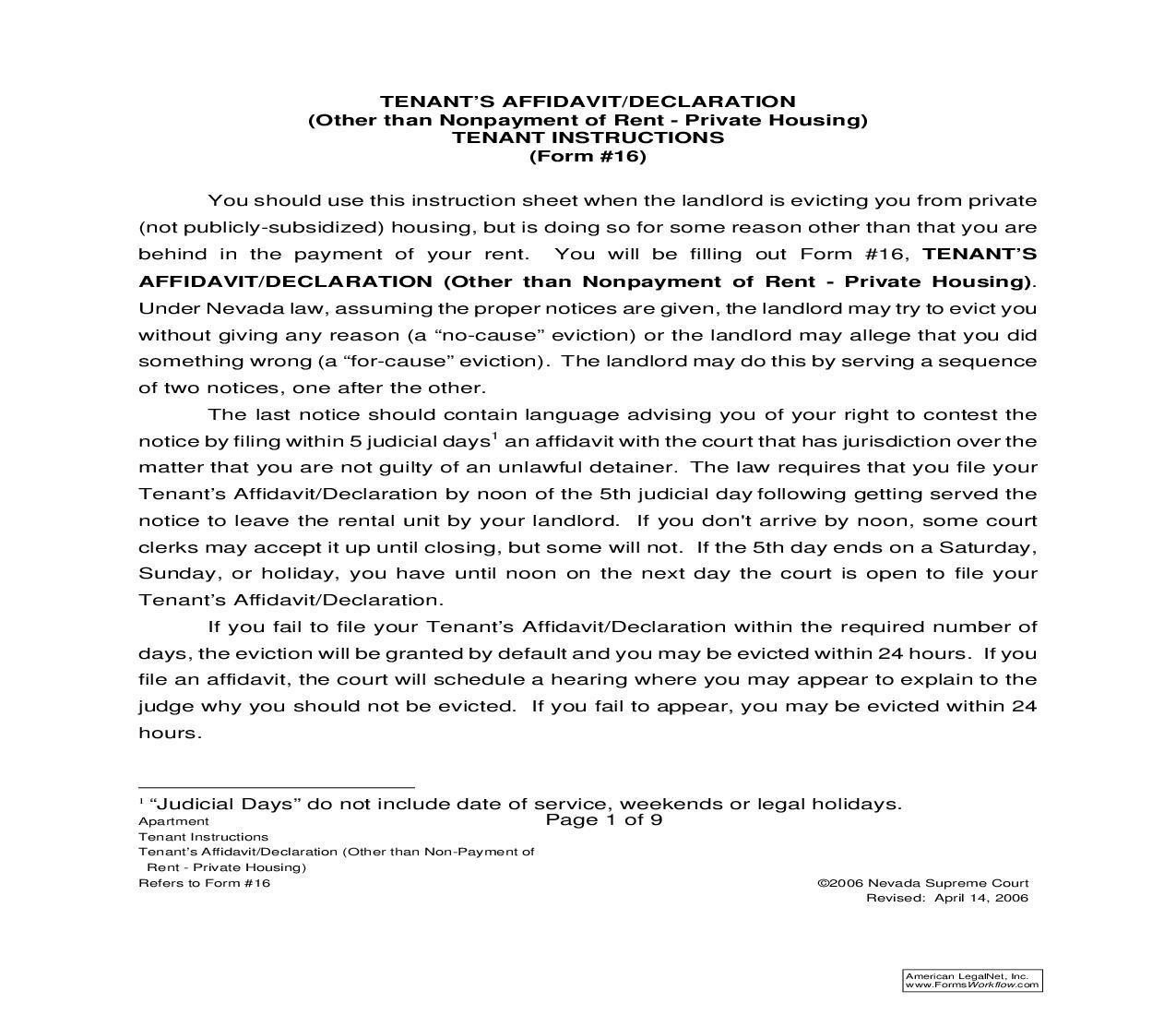 Tenants Affidavit Or Declaration (Other Than Non-Payment Of Rent - Private Housing) With Instructions {16} | Pdf Fpdf Doc Docx | Nevada