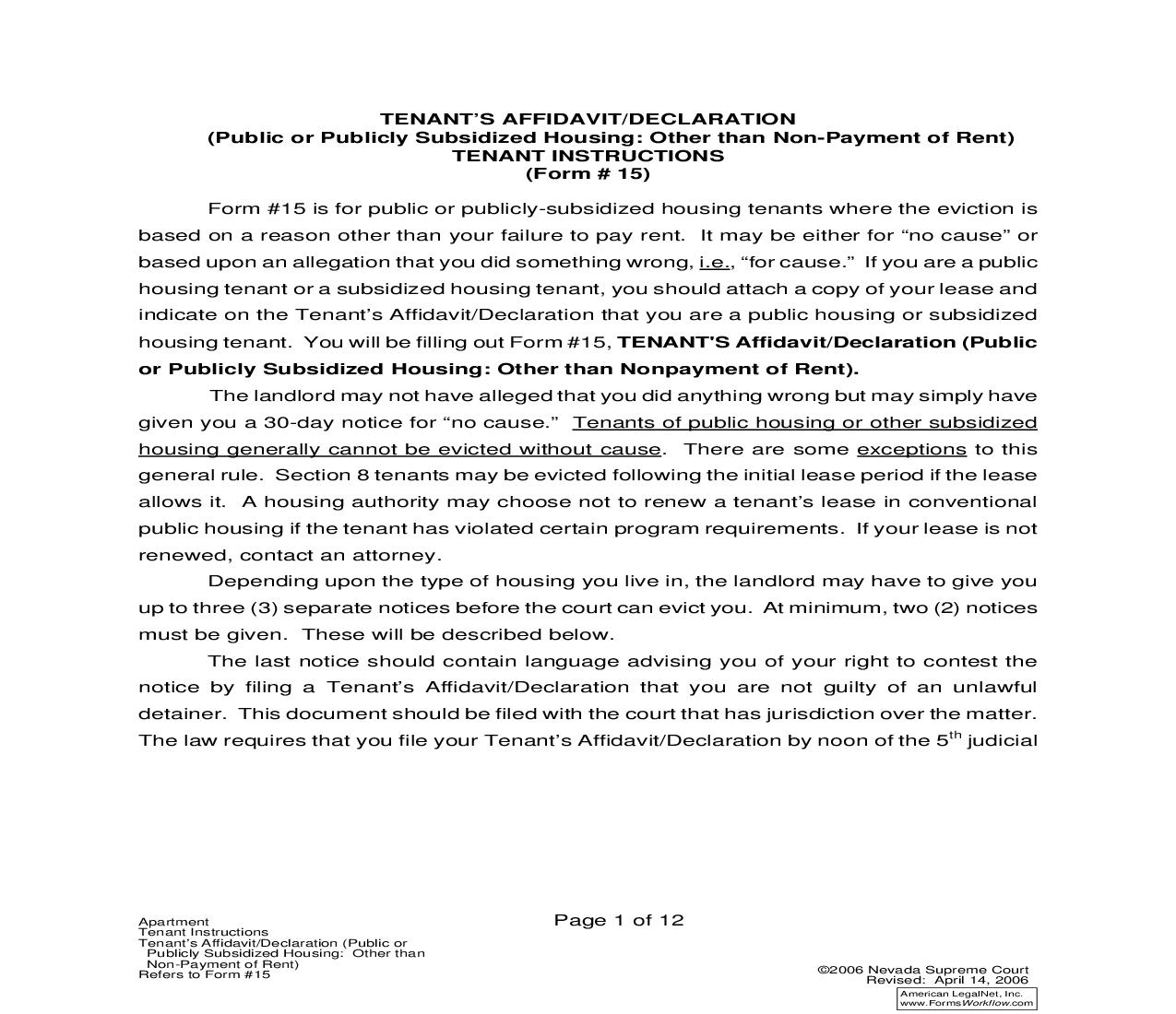 Tenants Affidavit Or Declaration (Public Or Publicly Subsidized Housing - Other Than Non-Payment Of Rent) With Instructions {15} | Pdf Fpdf Doc Docx | Nevada