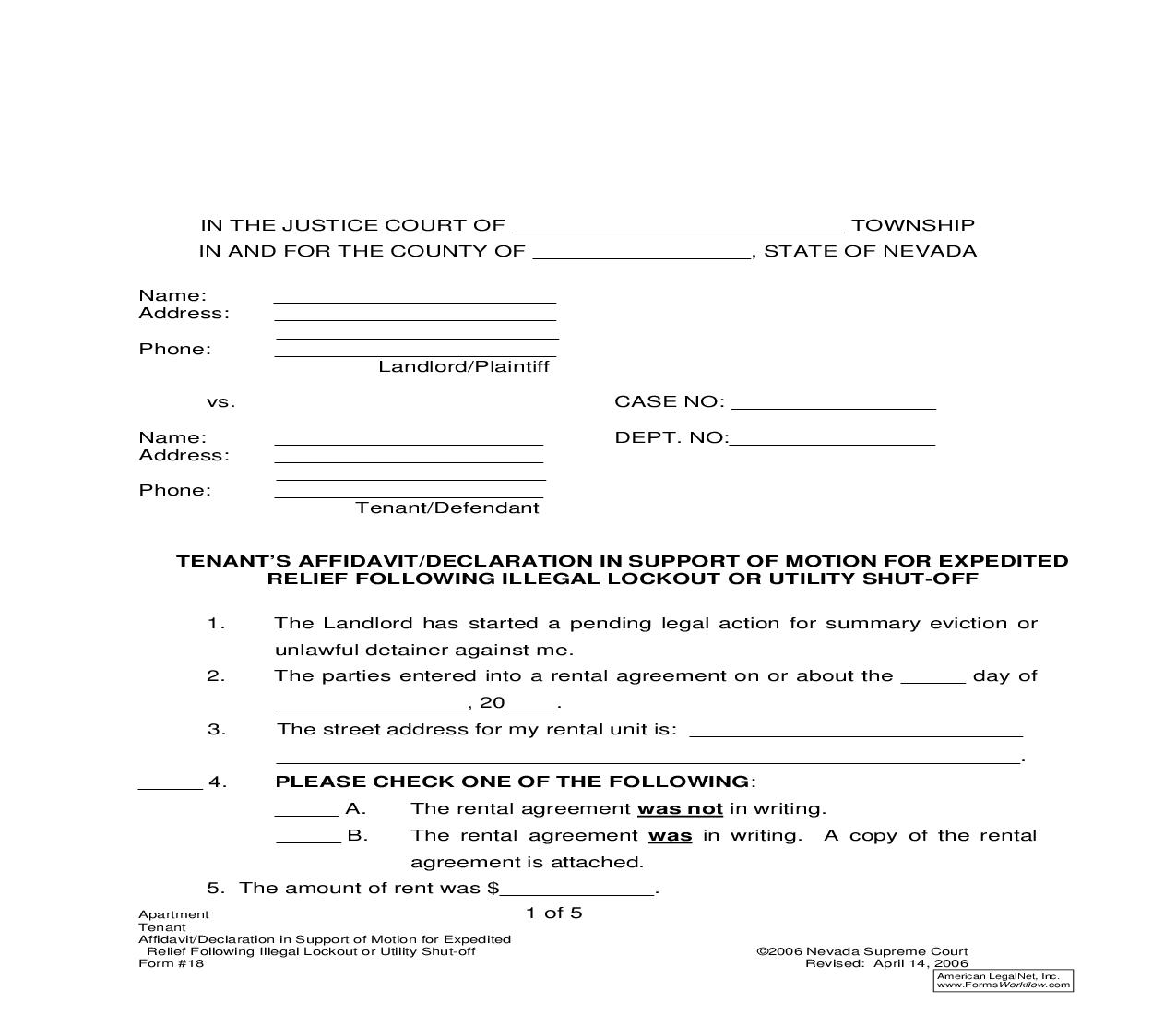 Tenants Affidavit Or Declaration In Support Of Motion For Expedited Relief Following Illegal Lockout Or Utility Shut-Off {18} | Pdf Fpdf Doc Docx | Nevada