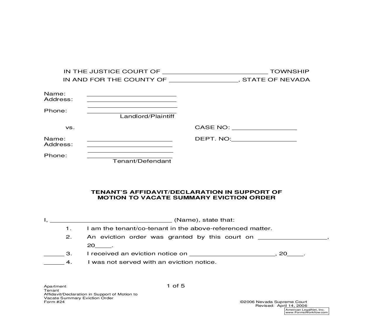 Tenants Affidavit Or Declaration In Support Of Motion To Vacate Summary Eviction Order {24} | Pdf Fpdf Doc Docx | Nevada