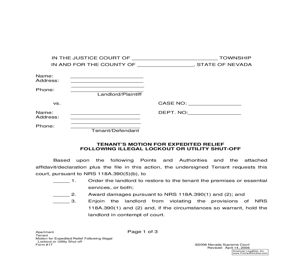 Tenants Motion For Expedited Relief Following Illegal Lockout Or Utility Shut-Off {17} | Pdf Fpdf Doc Docx | Nevada