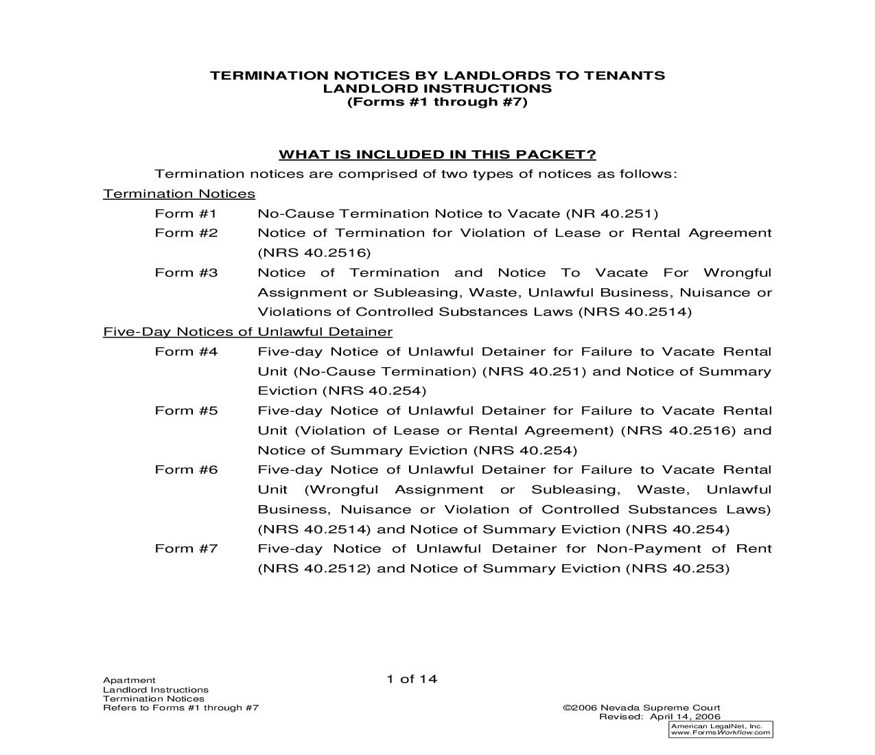 Termination Notices By Landlords To Tenants - Landlord Instructions For Form 1 Through 7 | Pdf Fpdf Doc Docx | Nevada