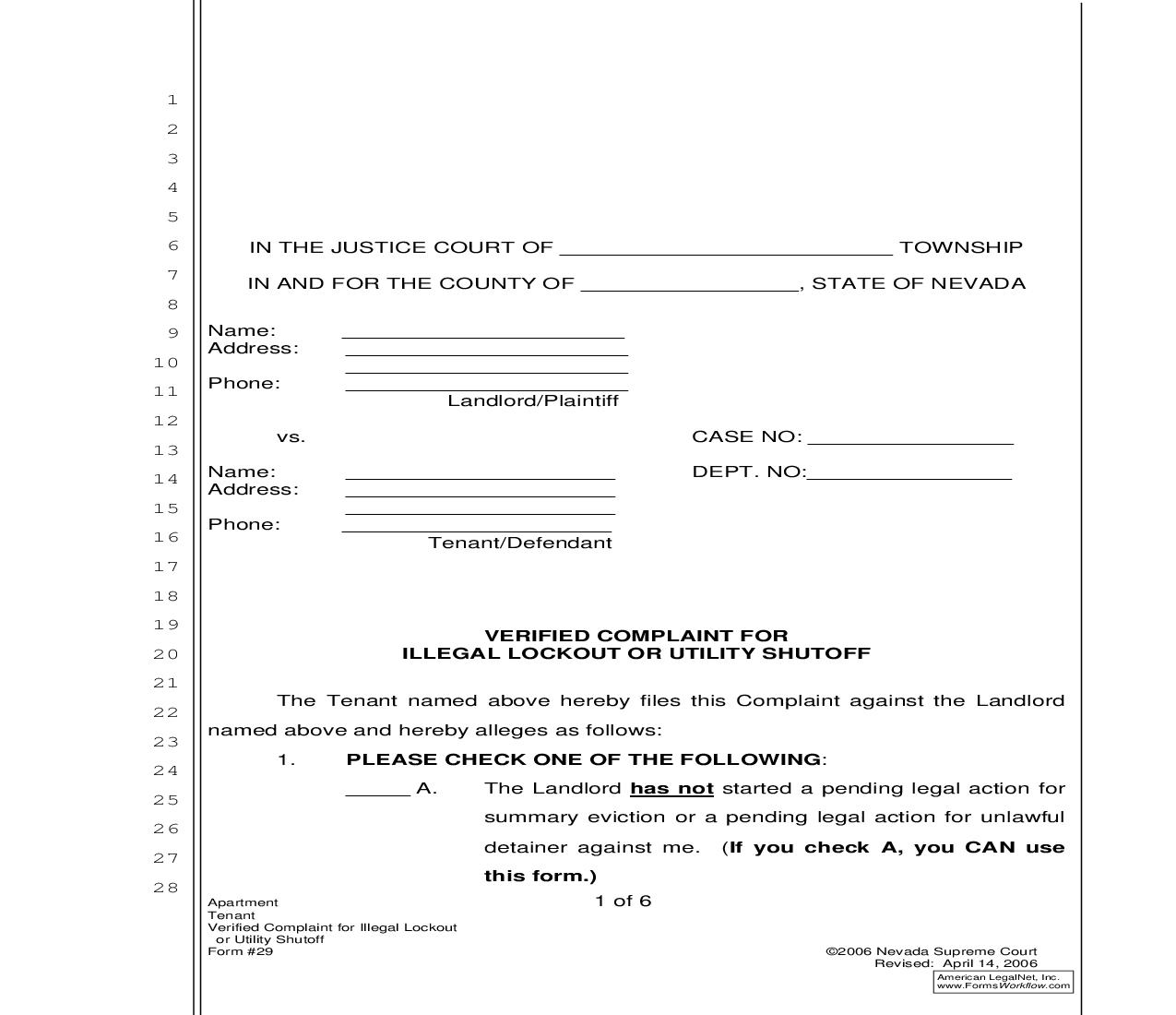 Verified Complaint For Illegal Lockout Or Utility Shutoff {29} | Pdf Fpdf Doc Docx | Nevada