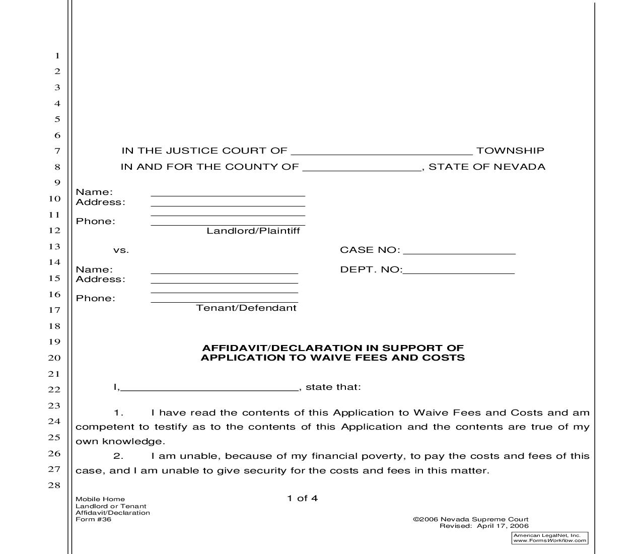 Affidavit Or Declaration In Support Of Application To Waive Fees And Costs {36} | Pdf Fpdf Doc Docx | Nevada