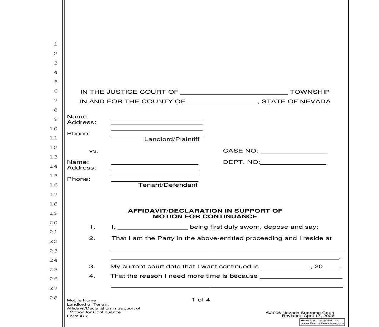 Affidavit Or Declaration In Support Of Motion For Continuance {27} | Pdf Fpdf Doc Docx | Nevada