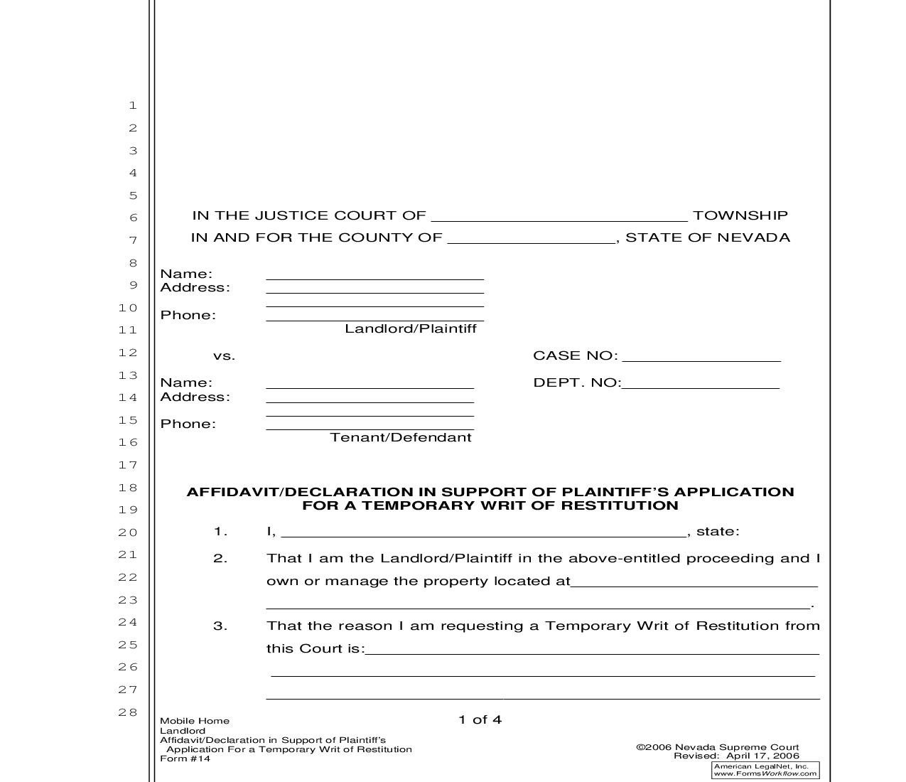 Affidavit Or Declaration In Support Of Plaintiffs Application For A Temporary Writ Of Restitution {14} | Pdf Fpdf Doc Docx | Nevada