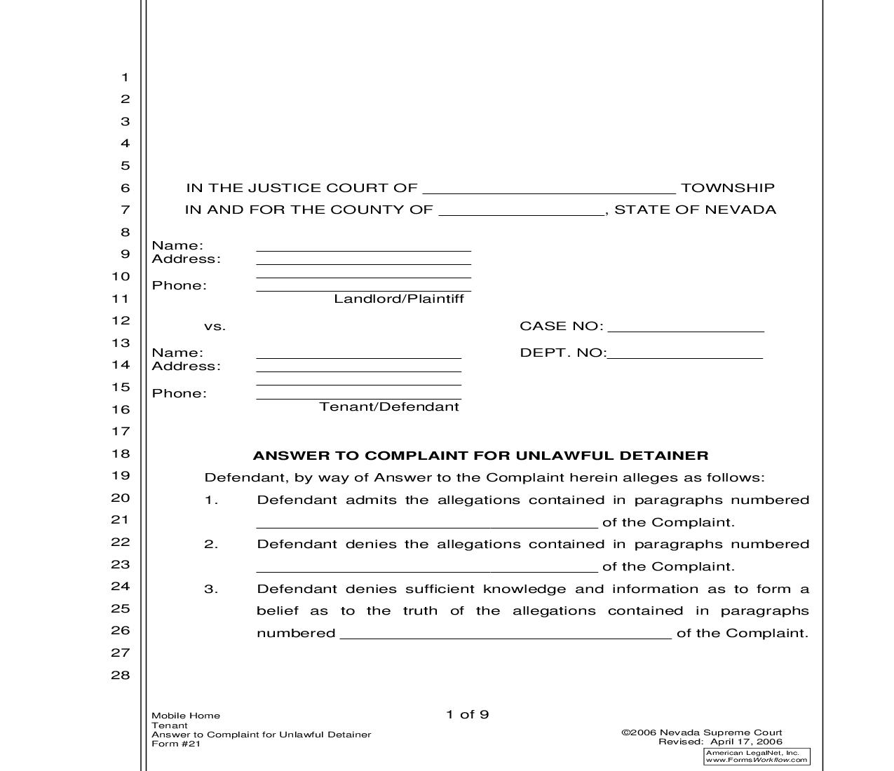 Answer To Complaint For Unlawful Detainer {21} | Pdf Fpdf Doc Docx | Nevada