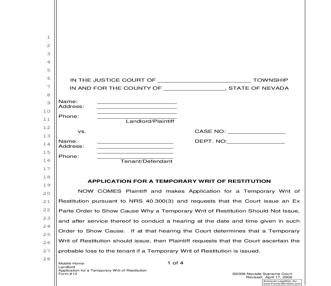 Application For A Temporary Writ Of Restitution {13} | Pdf Fpdf Doc Docx | Nevada