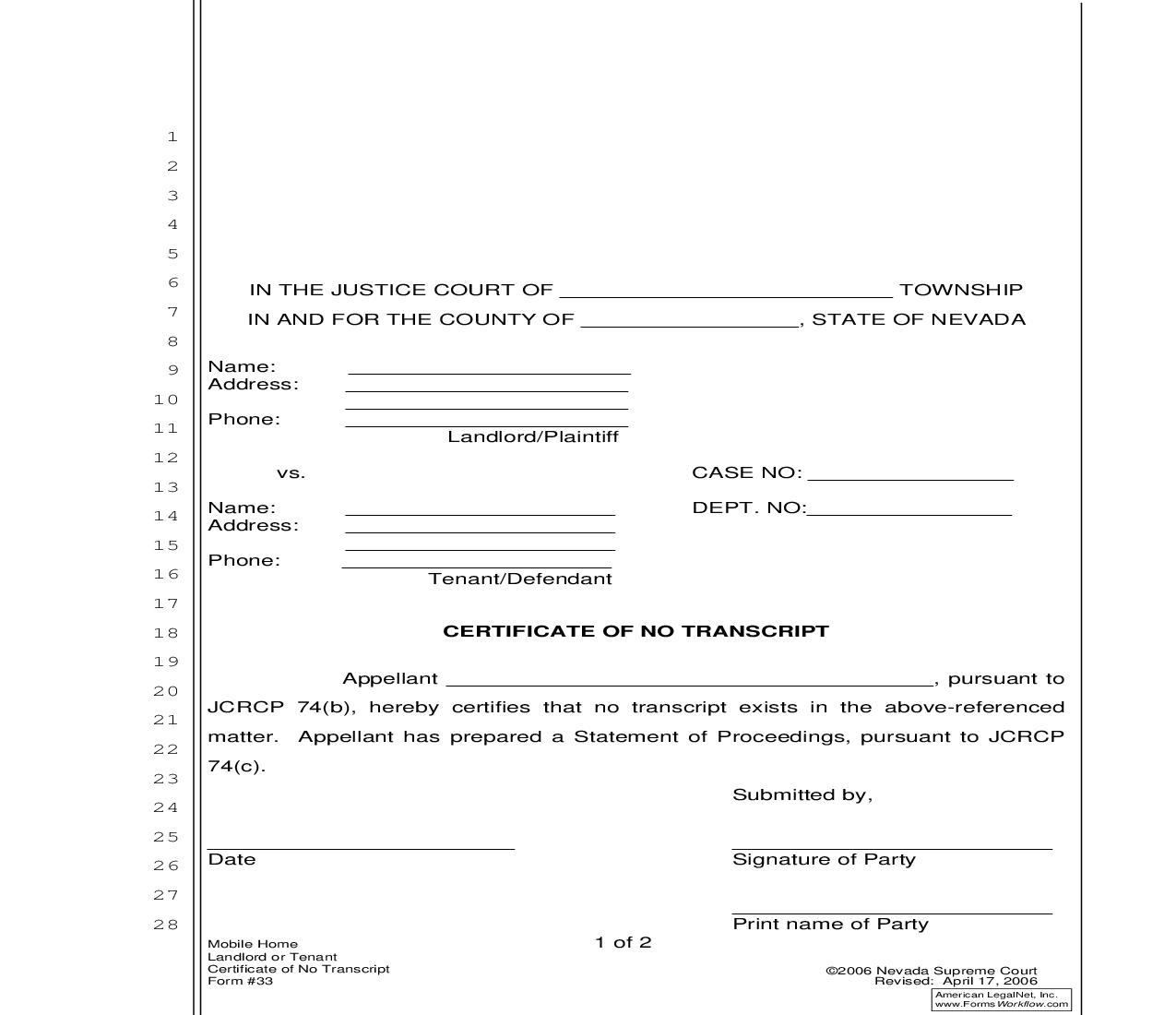 Certificate Of No Transcript {33} | Pdf Fpdf Doc Docx | Nevada