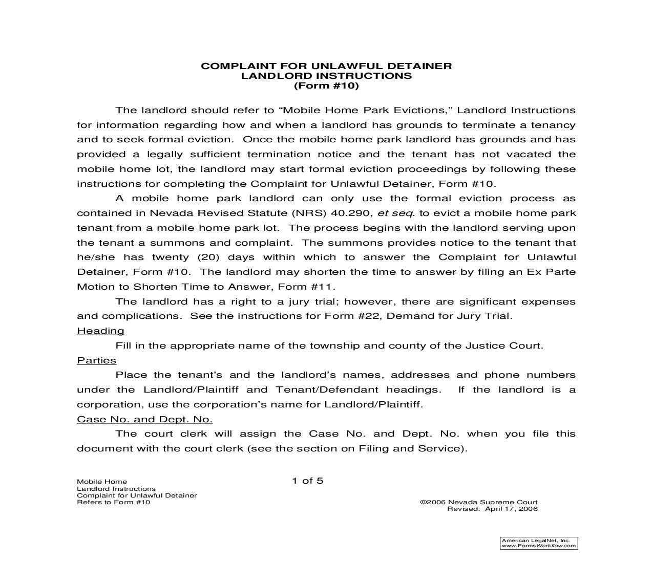 Complaint For Unlawful Detainer With Instructions {10} | Pdf Fpdf Doc Docx | Nevada