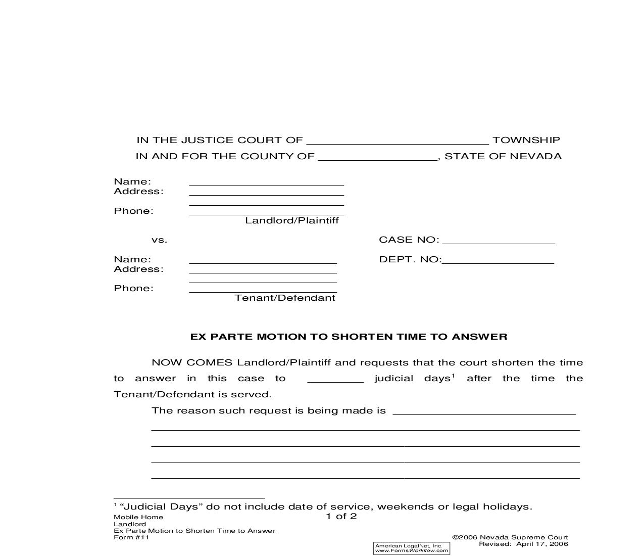 Ex Parte Motion To Shorten Time To Answer {11} | Pdf Fpdf Doc Docx | Nevada