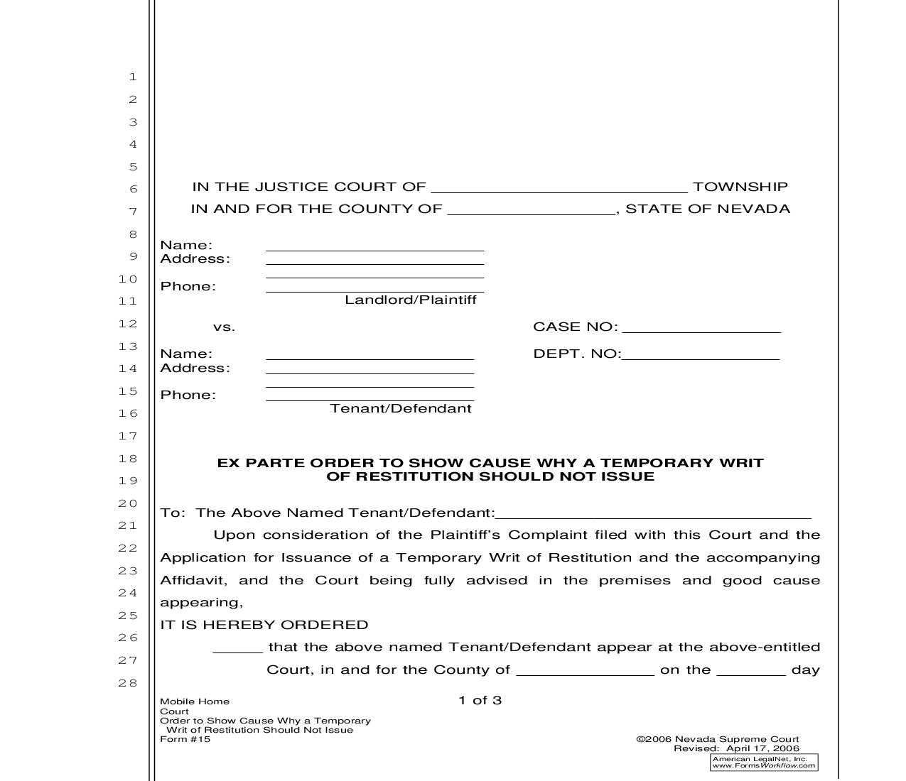 Ex Parte Order To Show Cause Why A Temporary Writ Of Restitution Should Not Issue {15} | Pdf Fpdf Doc Docx | Nevada