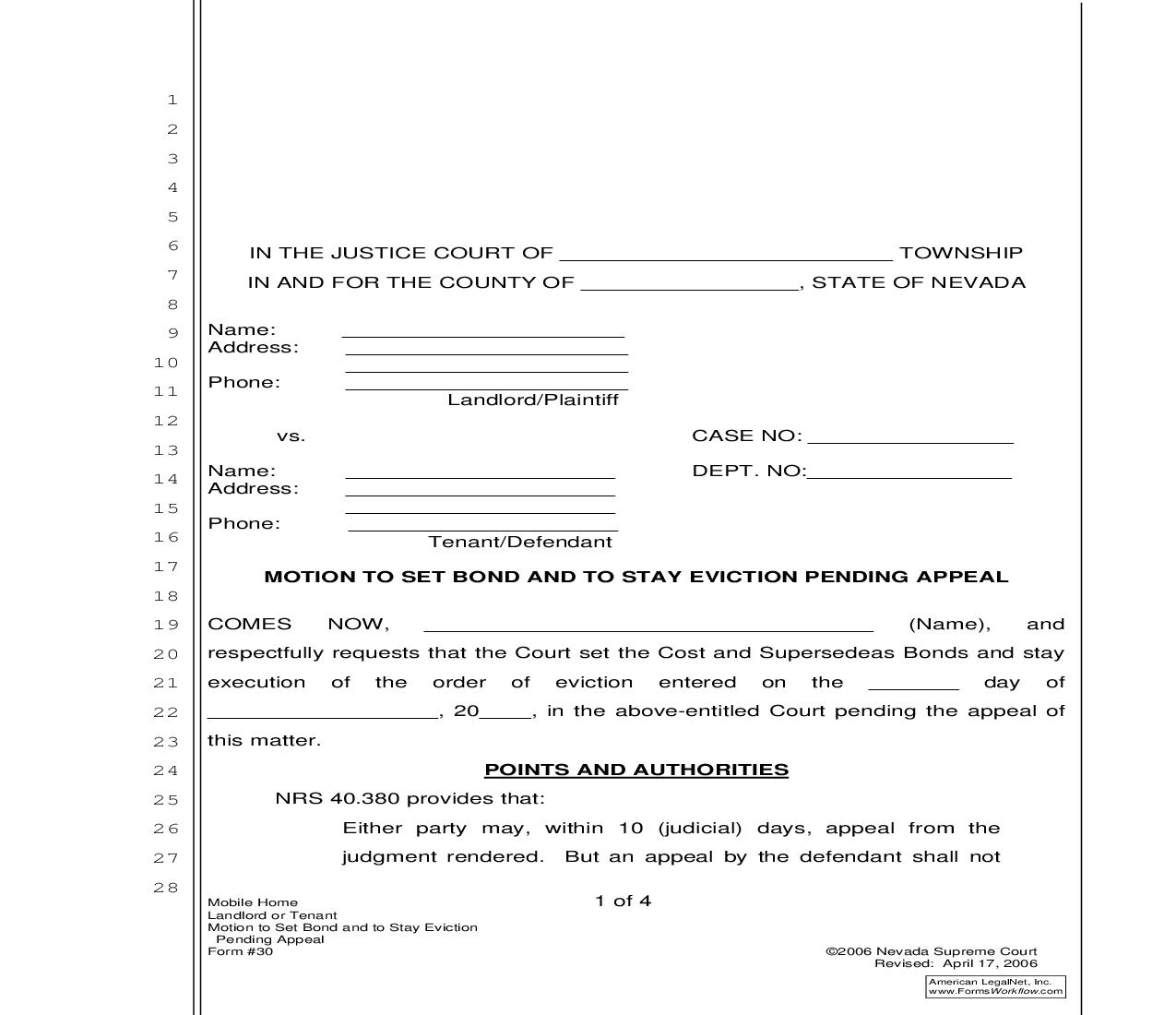 Motion To Set Bond And To Stay Eviction Pending Appeal {30} | Pdf Fpdf Doc Docx | Nevada