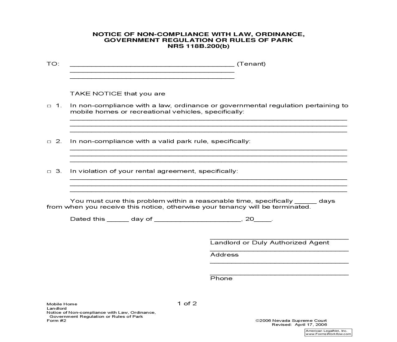 Notice Of Non-Compliance With Law, Ordinance, Government Regulation Or Rules Of Park NRS 118B.200(b) {2} | Pdf Fpdf Doc Docx | Nevada