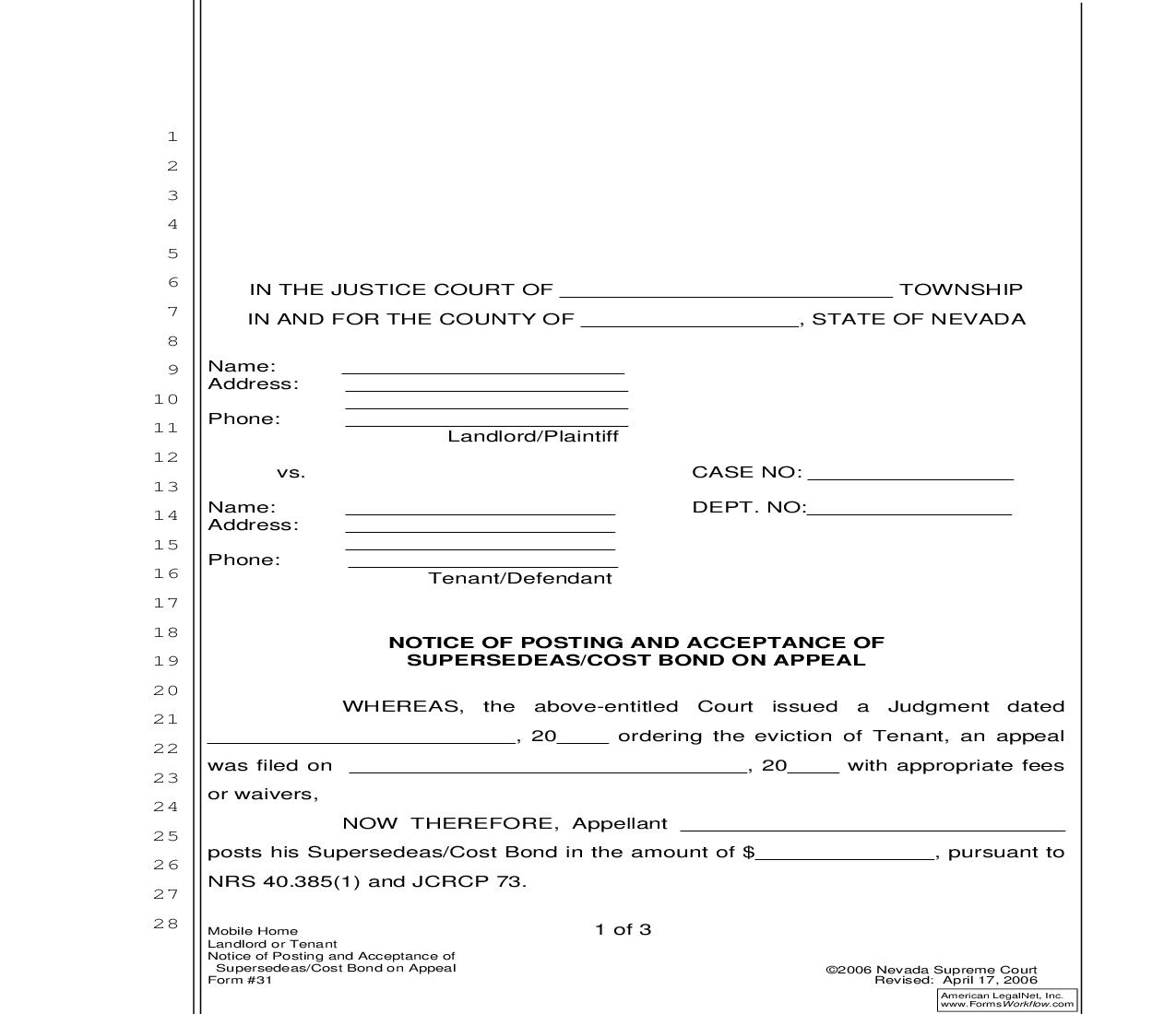 Notice Of Posting And Acceptance Of Supersedeas Or Cost Bond On Appeal {31} | Pdf Fpdf Doc Docx | Nevada