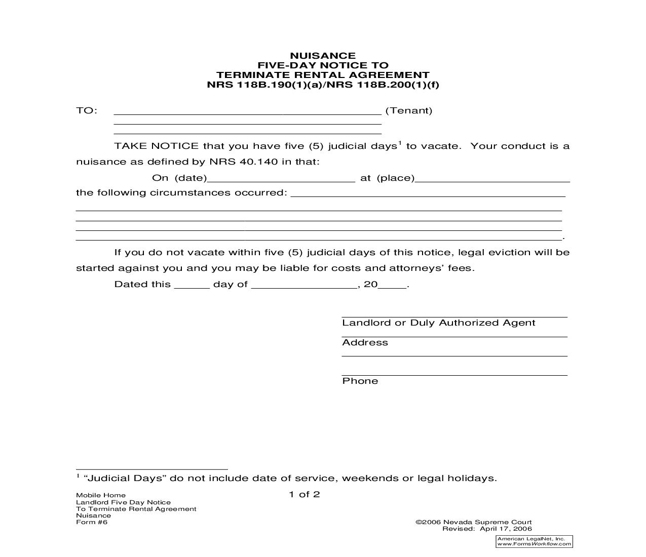 Nuisance Five-Day Notice To Terminate Rental Agreement - NRS 118B.190(1)(a) Or NRS 118B.200(1)(f) {6} | Pdf Fpdf Doc Docx | Nevada