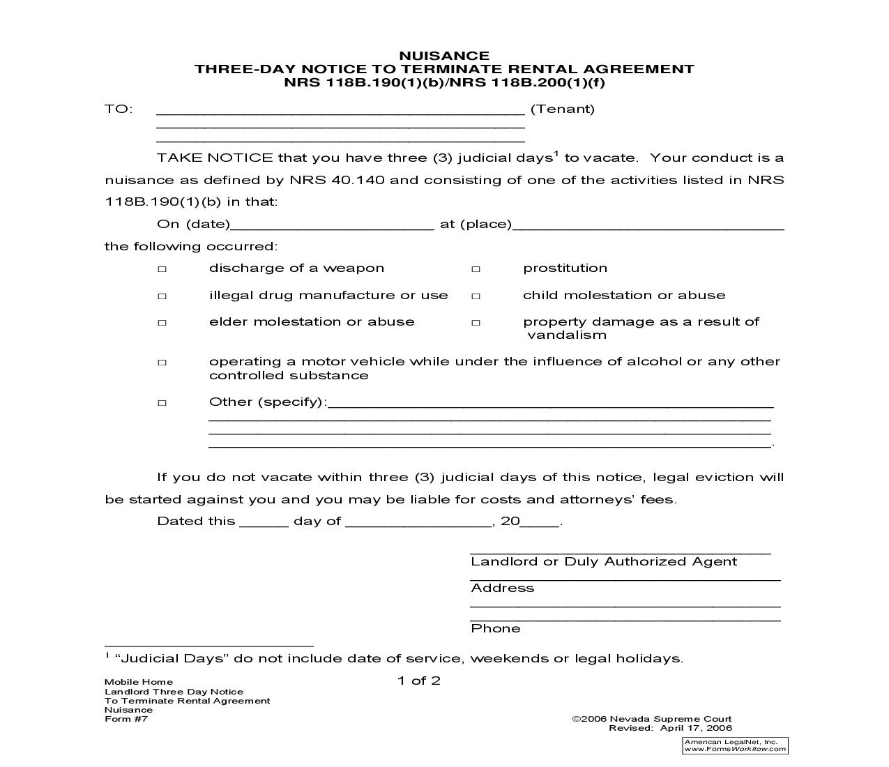 Nuisance Three-Day Notice To Terminate Rental Agreement - NRS 118B.190(1)(b) Or NRS 118B.200(1)(f) {7} | Pdf Fpdf Doc Docx | Nevada