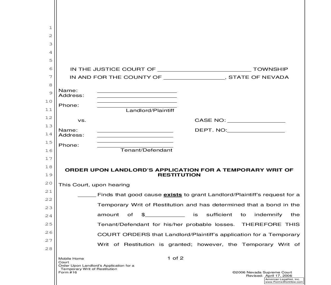 Order Upon Landlords Application For A Temporary Writ Of Restitution {16} | Pdf Fpdf Doc Docx | Nevada