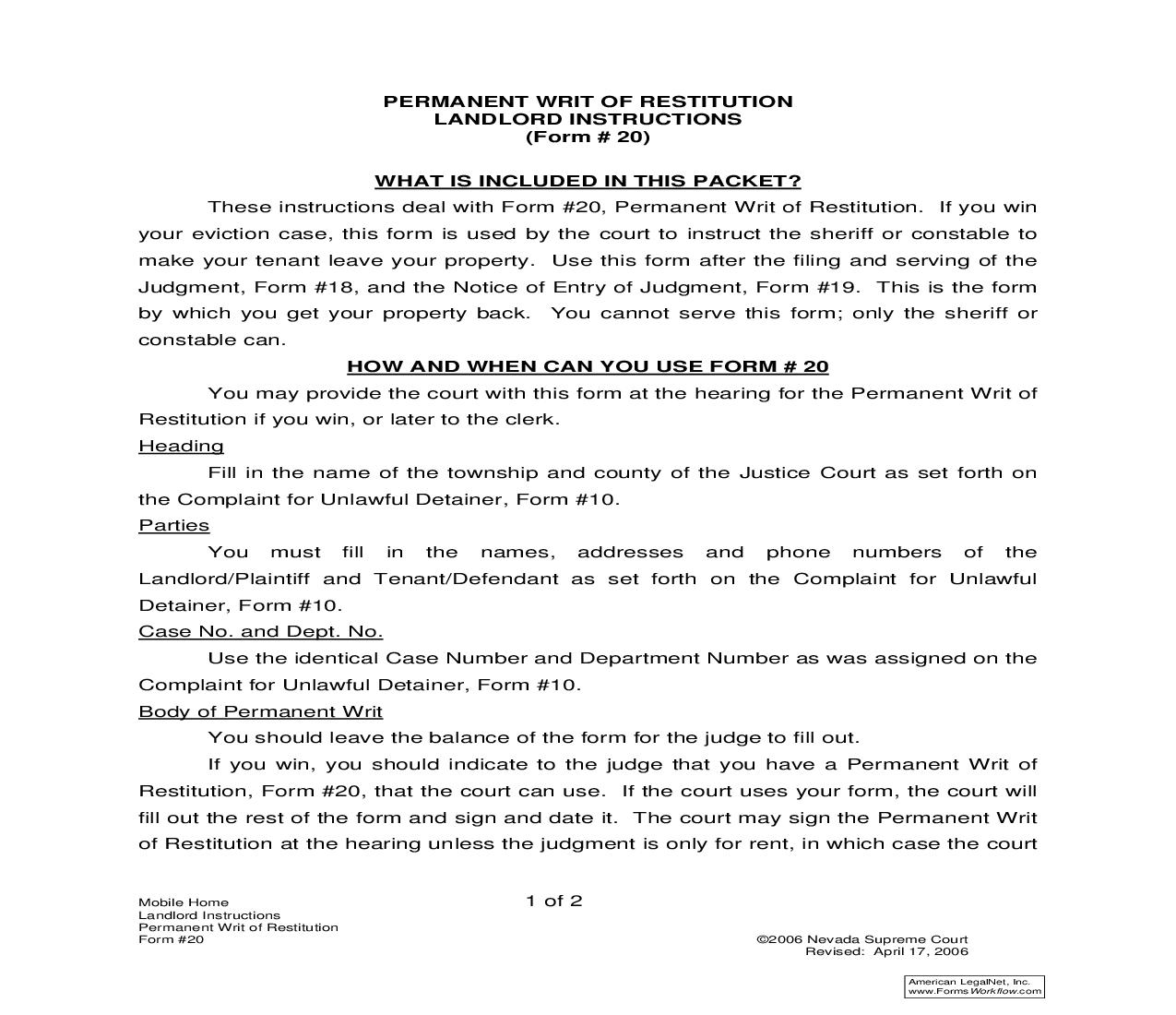 Permanent Writ Of Restitution With Instructions {20} | Pdf Fpdf Doc Docx | Nevada