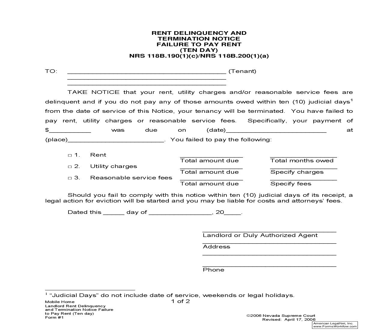 Rent Delinquency And Termination Notice - Failure To Pay Rent (Ten Day) - NRS 118B.190(1)(c) Or NRS 118B.200(1)(a) {1} | Pdf Fpdf Doc Docx | Nevada