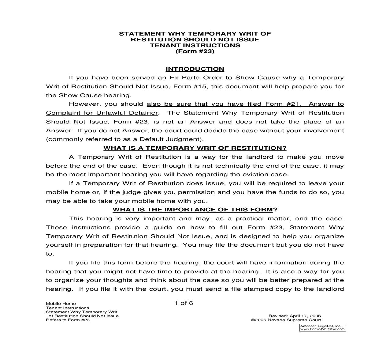 Statement Why Temporary Writ Of Restitution Should Not Issue With Instructions {23} | Pdf Fpdf Doc Docx | Nevada